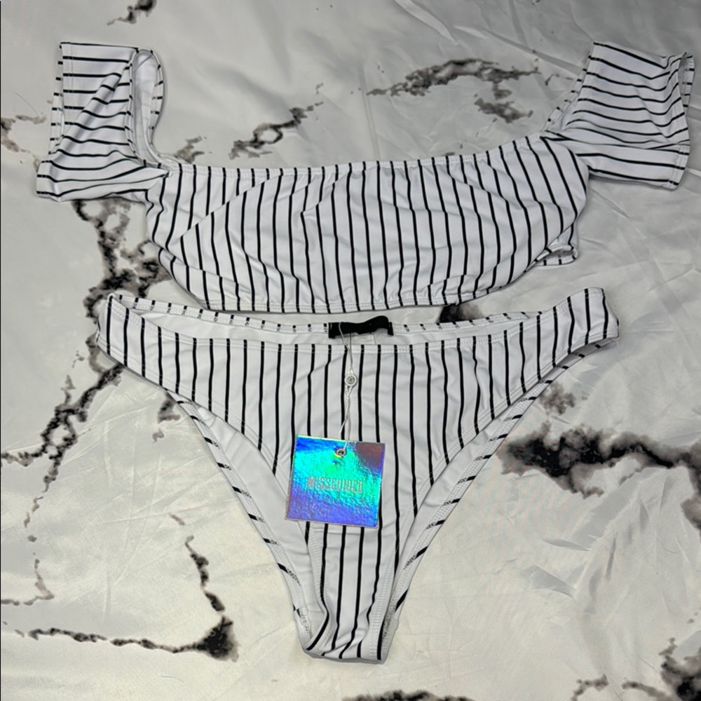 Missguided Monochrome Striped Bardot Bikini Capped Sleeves High Leg NWT Bottoms